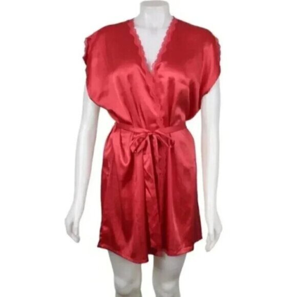 Victoria's Secret  Red Satin Robe Short Sleeve Lace Trim Short Size Medium - Picture 2 of 9